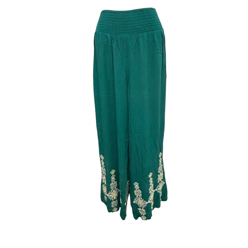 Time for Me Womens Teal Green Embroidered Wide Leg Boho Smocked Pants Large - Picture 2 of 12